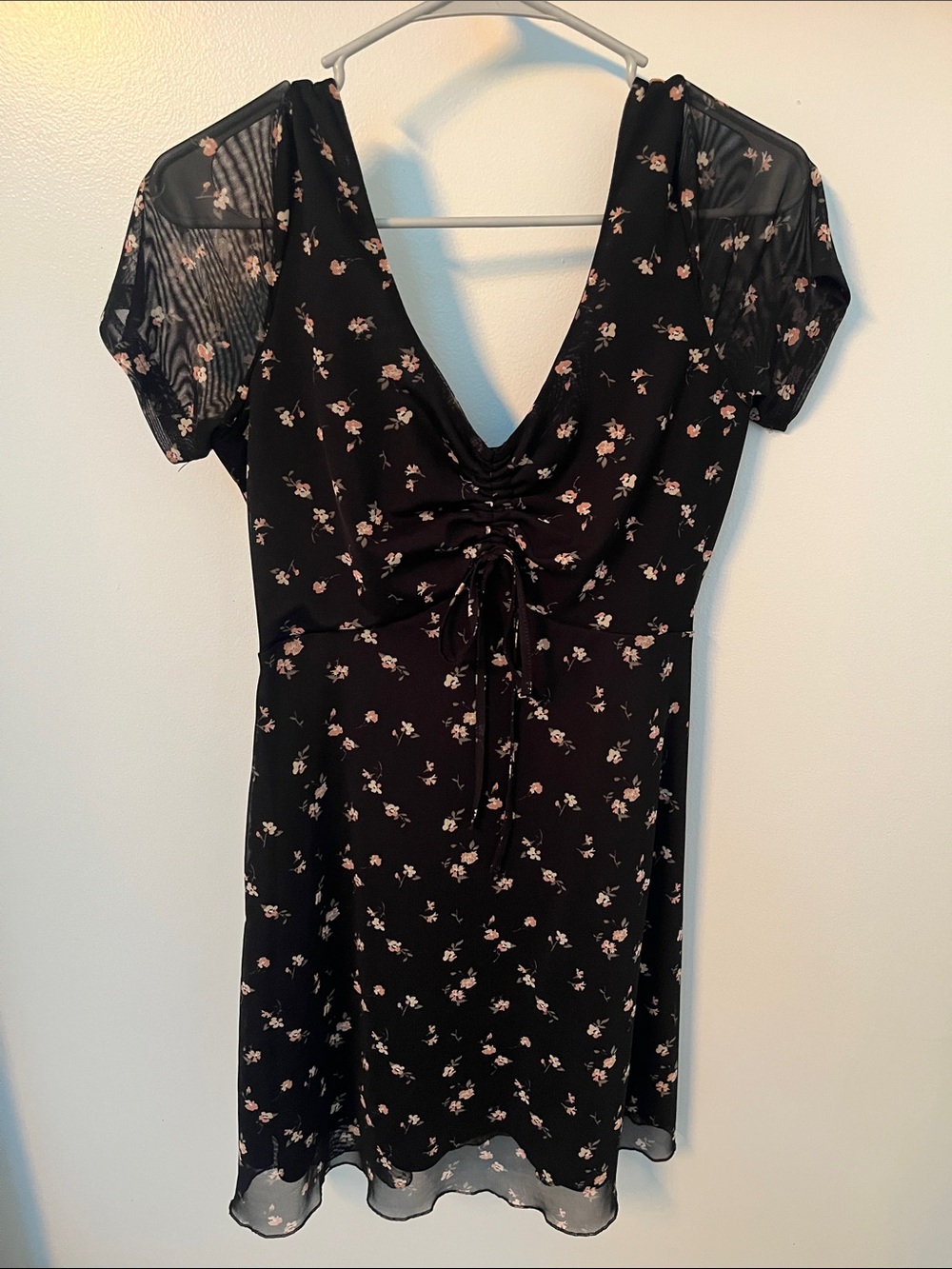 Hollister Black Mini Dress with Pale Pink Floral Print and Ruched Front
